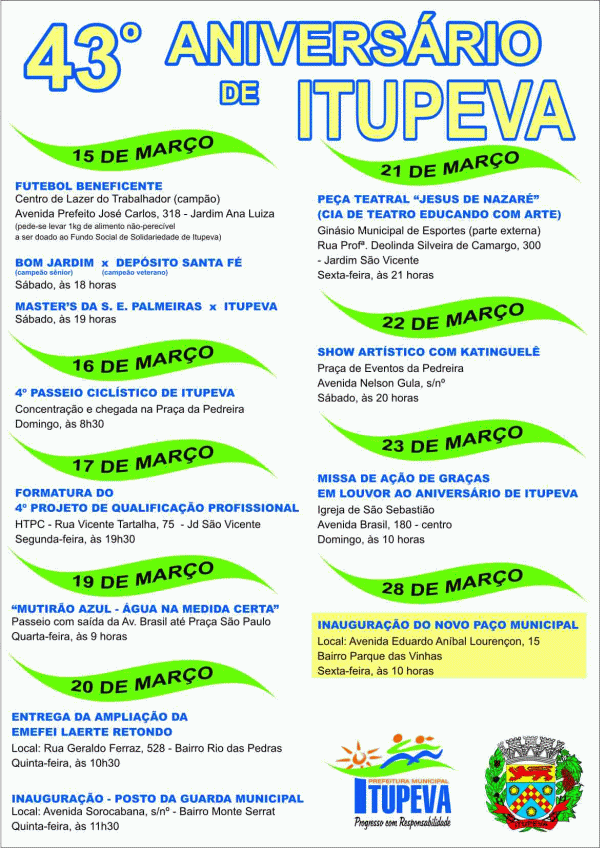 Itupeva completa seu 43º aniversário - confira a programação
